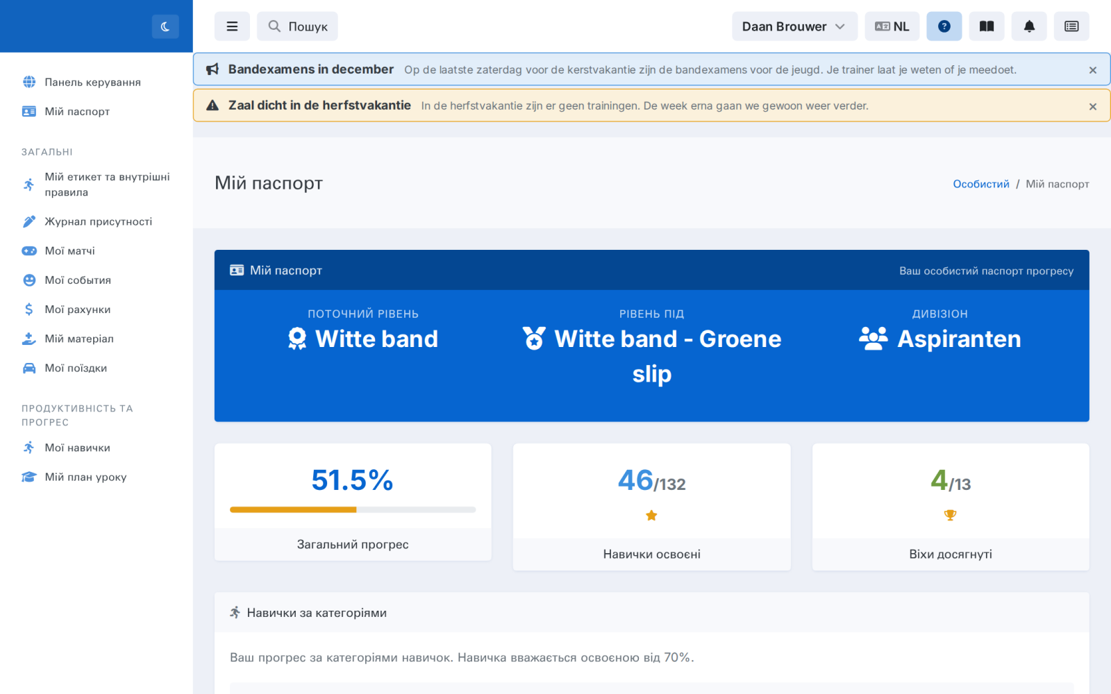 Особистий паспорт із поясом, навичками і досягненнями