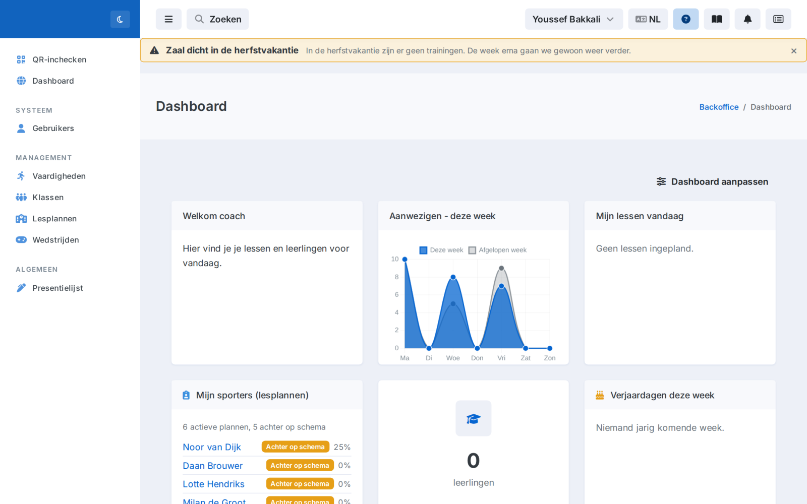 Dashboard van een trainer met lessen, sporters en aanwezigheid