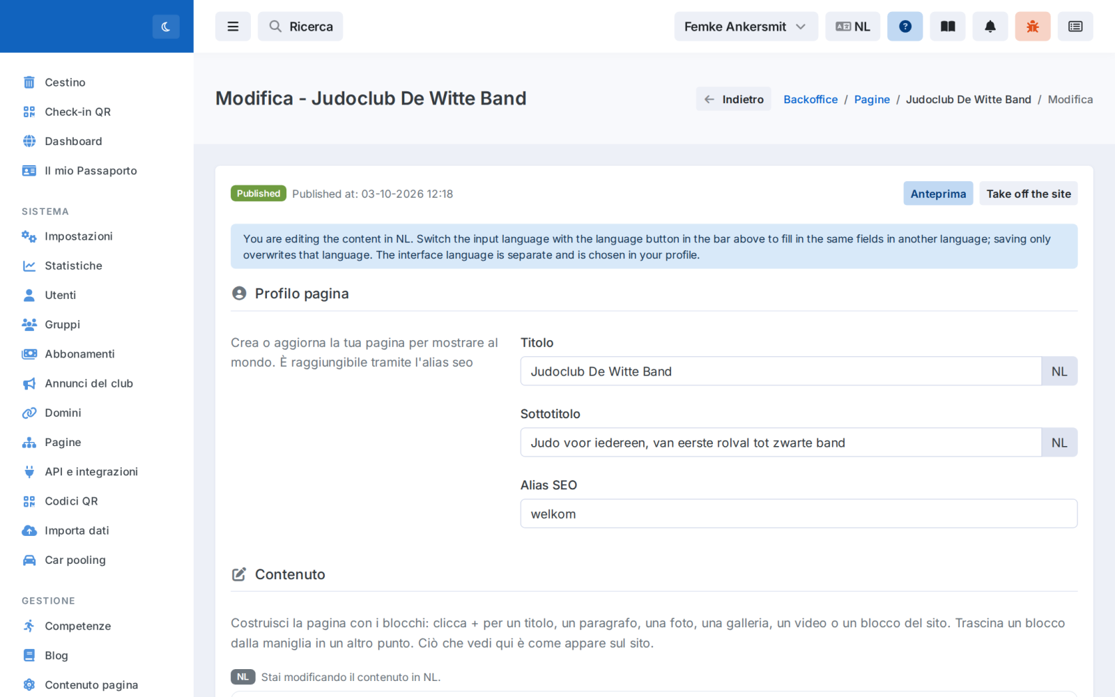 Modificare una pagina nel site builder del sito del club