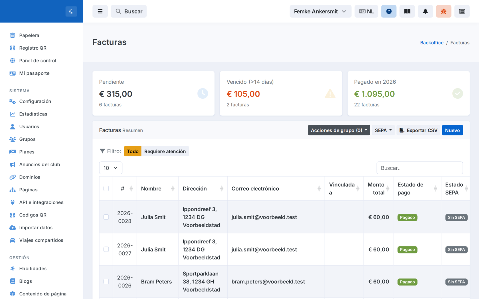 Vista de facturas con cuotas pendientes, vencidas y pagadas