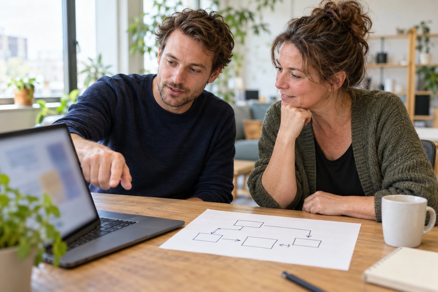 A developer and a club volunteer at a desk discussing how two systems connect