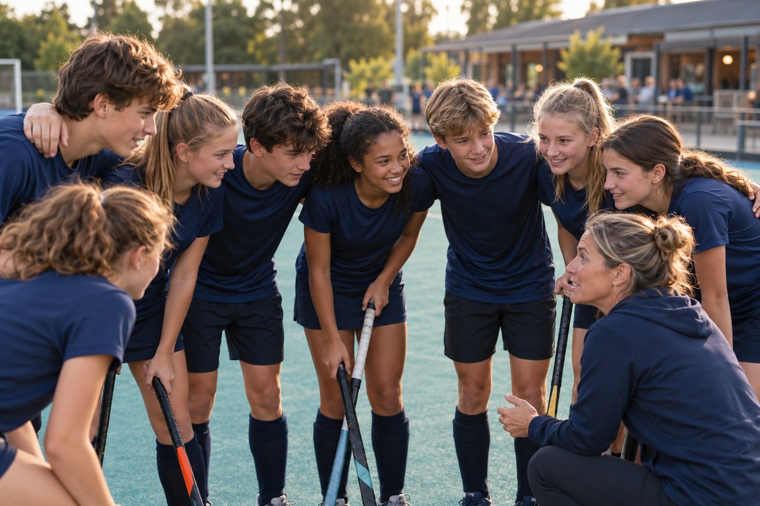 Jeugdhockeyteam staat in een kring om de trainster op het kunstgrasveld