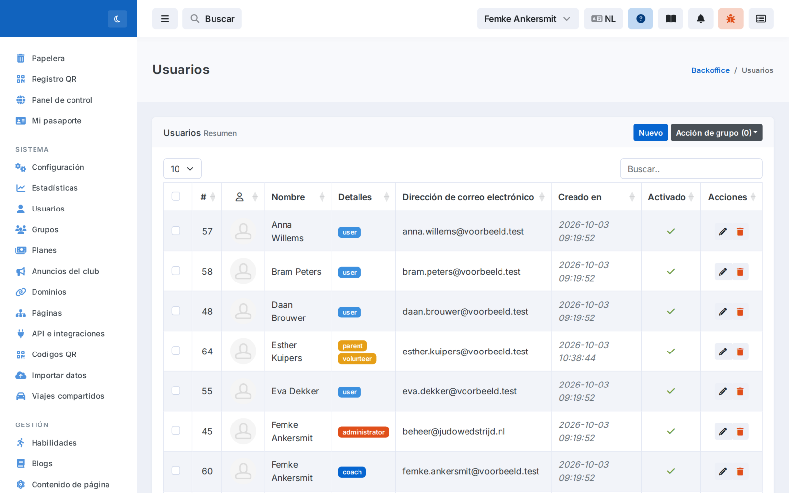 Vista de socios con búsqueda y filtros