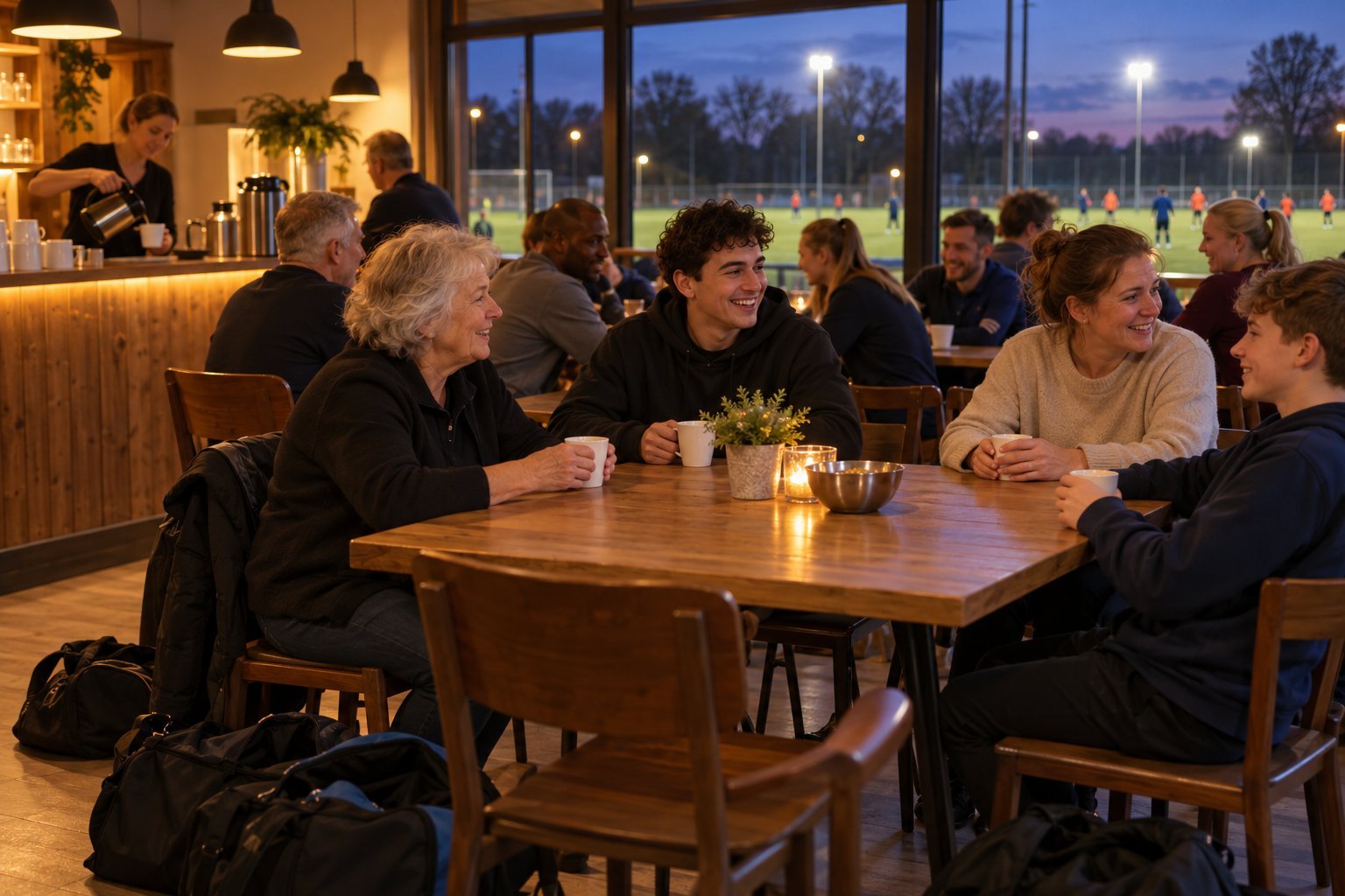 Club members of all ages having coffee together in the canteen after training