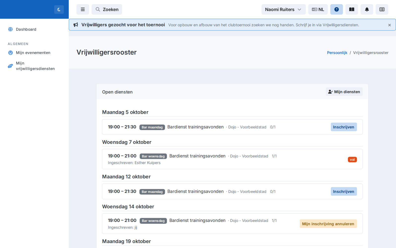 Vrijwilligersrooster waarop vrijwilligers zich inschrijven