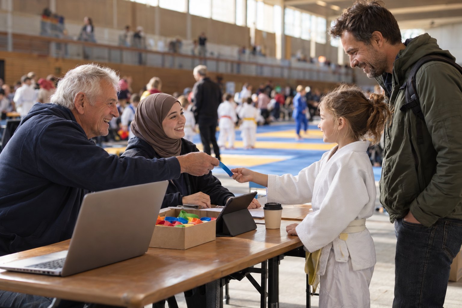 Freiwillige am Anmeldetisch eines Judoturniers geben einer jungen Judoka ihr Armband